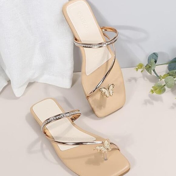 Metallic Rhinestone Butterfly Flat Sandals - Picture 3 of 5